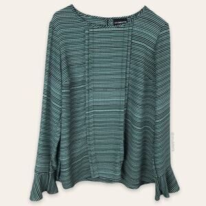 Liz Claiborne Career Wear Green Black White Geometric Striped Blouse